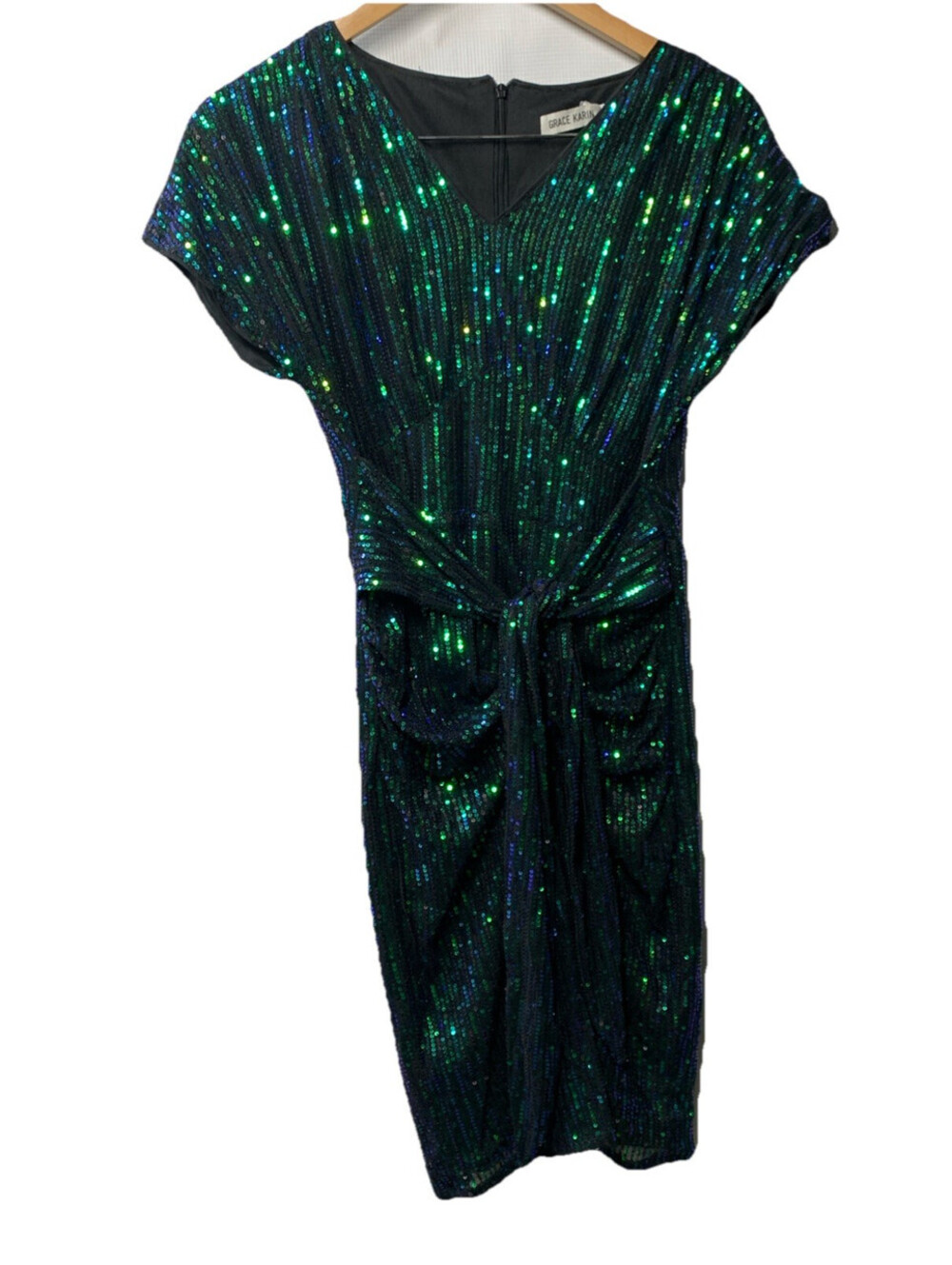 Grace Karin Bodycon Cap Sleeve Sequin Party Dress Women's Size S Green V-neck
